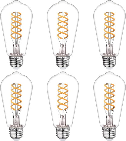 BORT Dimmable Edison Bulbs, 6W Equivalent to 60W Vintage LED Bulbs, E26 2700K ST58/ST19 - Flexible Spiral Filament - Clear Plastic Screw - 6Pack