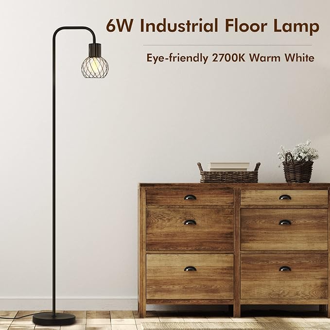 Floor Lamp, Industrial Floor Lamp for Living Room, Modern Standing Lamp with 6W LED Bulb, Foot Switch, Minimalist Pole Lamp Vintage Farmhouse Stand Up Lamps for Bedroom, Office, Book Nook,Black