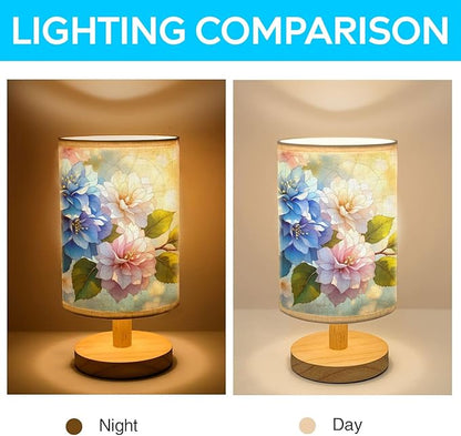 Hydrangea Table Lamp LED 3-Color Pressed Bedside, Hydrangea Shade Lamp with Wood Base for Bedroom Living Room Desk Office
