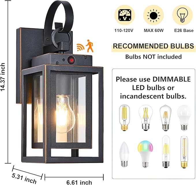 Upgraded Motion Sensor Outdoor Wall Lighting Fixtures, Dusk to Dawn Coach Lamps Outdoor Wall Sconces with Clear Glass, Modern Black Outside Wall Mount Lantern for Front Door, Porch, Garage