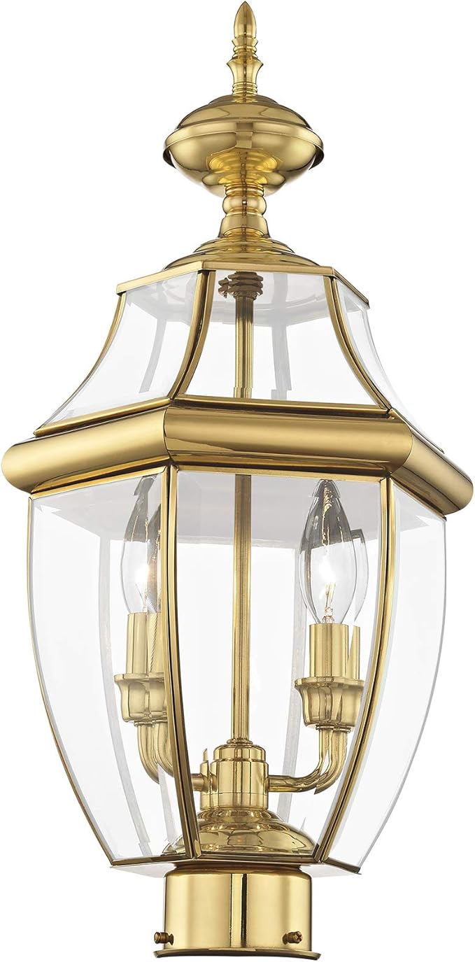 Livex Lighting 2254-02 Monterey 2 Light Outdoor Polished Brass Finish Solid Brass Post Head with Clear Beveled Glass