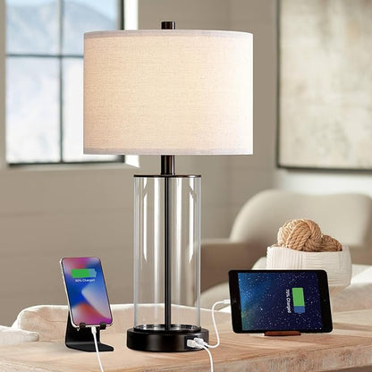 KAWOTI 23'' Clear Glass Table Lamp Set of 2 Bedroom Lamps with USB Ports and AC Outlet Living Room Nightstand Lamp Bulbs Included