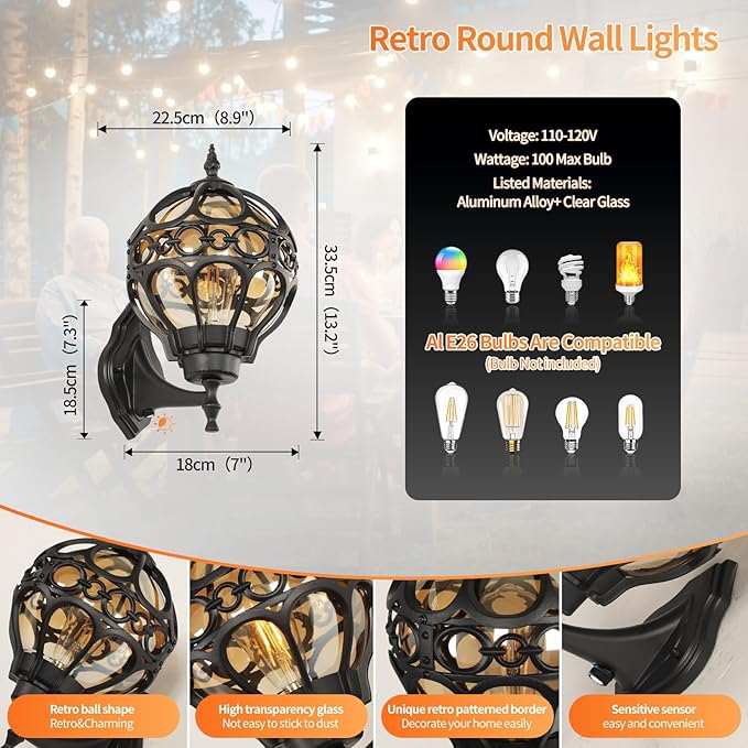 Globe Outdoor Wall Lights with Dusk to Dawn Sensor,Waterproof Black Sphere Outside Wall Light Fixtures, Anti-Rust Exterior Aluminum Round Porch Lights for Patio Porch Backyard Garage，General ﻿