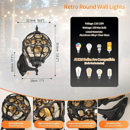 Globe Outdoor Wall Lights with Dusk to Dawn Sensor,Waterproof Black Sphere Outside Wall Light Fixtures, Anti-Rust Exterior Aluminum Round Porch Lights for Patio Porch Backyard Garage，General ﻿