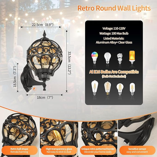 Globe Outdoor Wall Lights with Dusk to Dawn Sensor,Waterproof Black Sphere Outside Wall Light Fixtures, Anti-Rust Exterior Aluminum Round Porch Lights for Patio Porch Backyard Garage，General ﻿