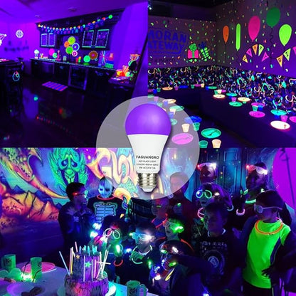 FAGUANGAO LED Black Light Bulb,9W(75Watt Equivalent) A19 UV Blacklight Bulb,120V,UVA Level 390-400nm,E26 Medium Base,Glow in The Dark for Blacklight Party,Fluorescent Poster,Neon Glow,4 Pack