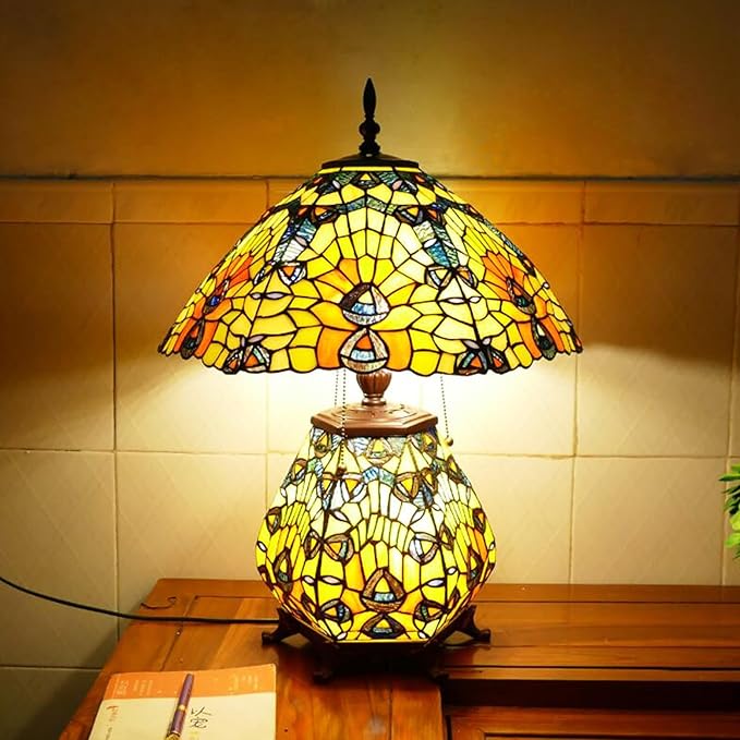 18-Inch Large Tiffany Lamp Shade Replacement, Only Vintage Stained Glass Rose Peacock Hat Lampshades fit for Table Lamps Floor Lamps Desk Bedside Reading Lighting,Peacock
