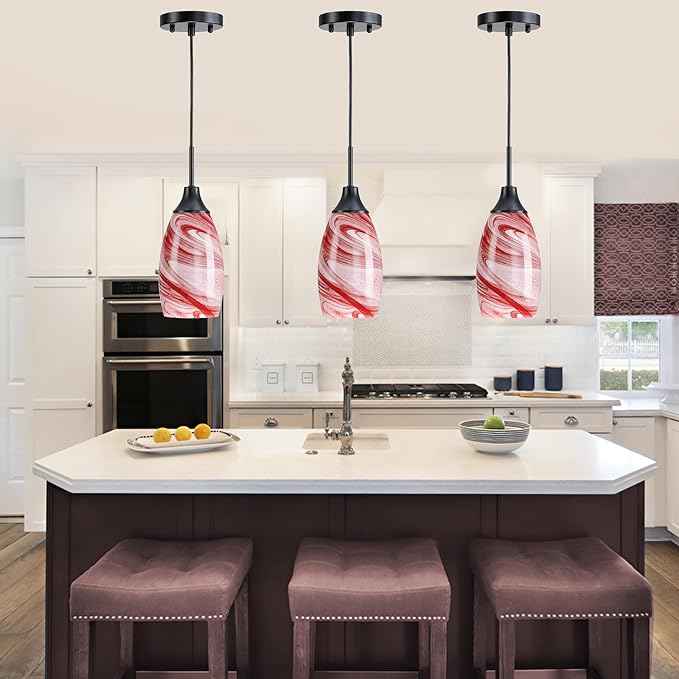 Mini Glass Pendant Light,3-Pack Handblown Burgundy Marble Art Glass Hanging Light 4.72" Oval Ceiling Hanging Light Fixture for Dining Room Kitchen Island Cafe Foyer Hallway