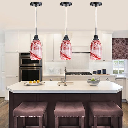 Mini Glass Pendant Light,3-Pack Handblown Burgundy Marble Art Glass Hanging Light 4.72" Oval Ceiling Hanging Light Fixture for Dining Room Kitchen Island Cafe Foyer Hallway