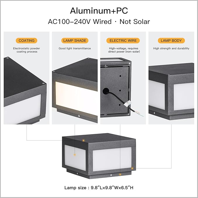 Outdoor Post Lights Hard Wired, 9.8" Pillar Lights Waterproof, AC100-240V LED Column Lamp, Electric Modern Fence Deck Cap Lantern 3000K Lighting for Patio Garden Driveways Entrances Posts