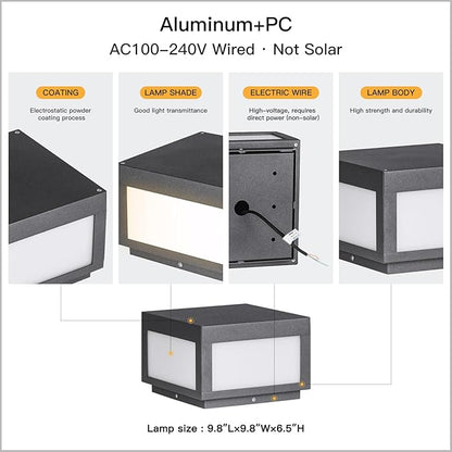 Outdoor Post Lights Hard Wired, 9.8" Pillar Lights Waterproof, AC100-240V LED Column Lamp, Electric Modern Fence Deck Cap Lantern 3000K Lighting for Patio Garden Driveways Entrances Posts