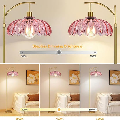 Pink Floor Lamp for Living Room,Bedroom,Gold Dimmable Standing Lamp with Remote,Mid Century Modern Brass Tall Lamp Boho Floor Lamps Arc Stained Glass Flower Floor Light Lamp Girls kids Bohemian