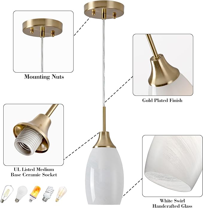 Mini Glass Pendant Light 3-Pack Handblown Art White Swirl Oval Hanging Pendant Lamp 4.72" Glass Chandelier for Kitchen Island Dining Room Living Foyer Hallway Entry Brushed Gold Finish