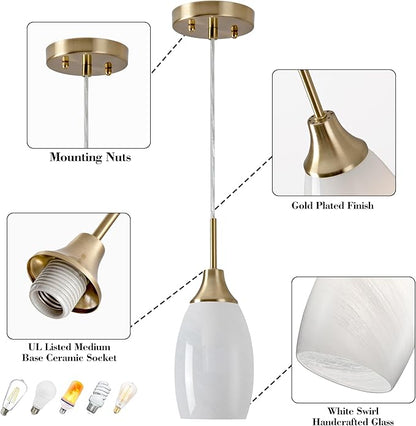 Mini Glass Pendant Light 3-Pack Handblown Art White Swirl Oval Hanging Pendant Lamp 4.72" Glass Chandelier for Kitchen Island Dining Room Living Foyer Hallway Entry Brushed Gold Finish
