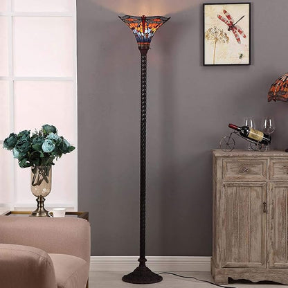 Bieye L10710 Dragonfly Tiffany Style Stained Glass Torchiere Floor Lamp with 13 Inch Wide Handmade Lampshade Metal Base for Dark Corner Living Room Bedroom, Orange Blue, 70 inch Tall