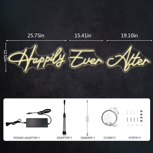 Super Large Neon Sign Happily Ever After with Dimmer, Art Decorative Neon Lights for Bedroom, Wedding, Birthday, Home Wall Decor, Bachelorette Party (60.26"X12.52")