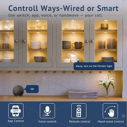 V4light Smart Plug-in Light Pucks, Under Counter Lighting for Kitchen & Display Shelves, Works with Alexa & Google Assistant, App, Voice,Remote & Hand Control, Dimmable & Adjustable Warm to Cool Light