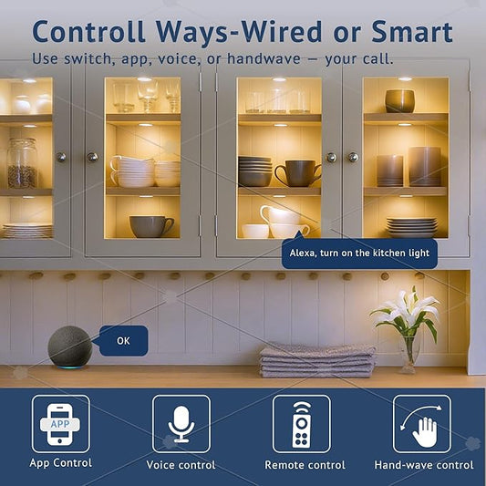 V4light Smart Plug-in Light Pucks, Under Counter Lighting for Kitchen & Display Shelves, Works with Alexa & Google Assistant, App, Voice,Remote & Hand Control, Dimmable & Adjustable Warm to Cool Light