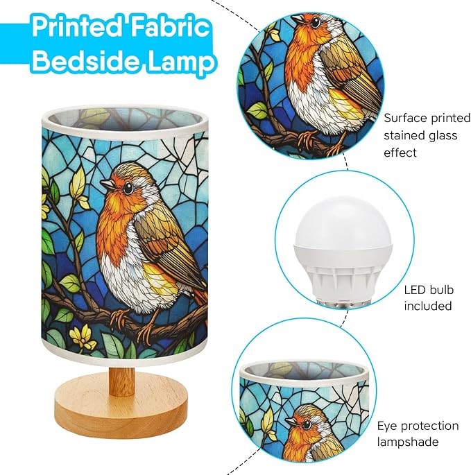 Robin Table Lamp LED 3-Color Pressed Bedside, Robin Shade Lamp with Wood Base for Bedroom Living Room Desk Office TL01