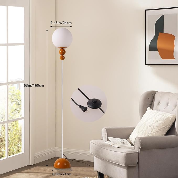 Modern Glass Floor Lamp for Bedroom, 63'' Vintage Mid-Century Floor Lamp with Milky White Frosted Glass Globe Shade for Living Room Corner, Slim Standing Reading Lamp for Office Decor (Signal Brown)