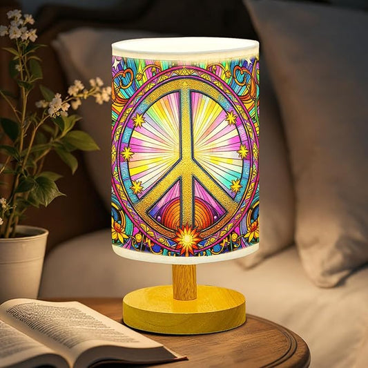 Hippie Table Lamp LED 3-Color Pressed Bedside, Hippie Shade Lamp with Wood Base for Bedroom Living Room Desk Office TL01