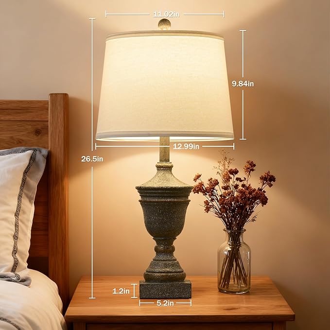 Retro Table Lamps Set of 2, 26.5'' Farmhouse Bedside Lamps with White Fabric Shades, Vintage Nightstand Lamps for Bedroom & Living Room, Bulbs Included
