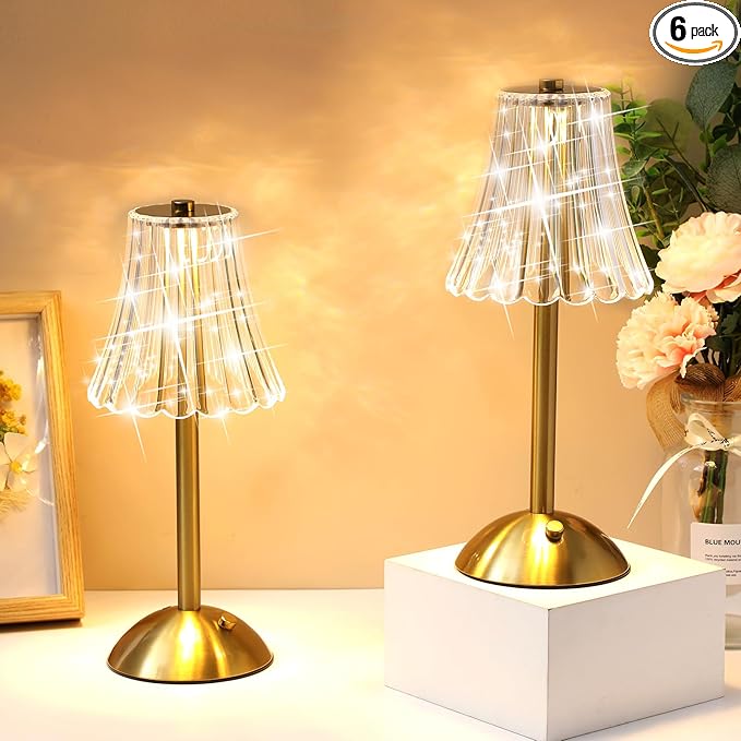 Liliful 6 Pcs Cordless Table Lamp Rechargeable Touch LED Small Gold Portable Battery Operated USB-c Desk Lamp 3 Color Dimmable for Bedroom Living Room Dining (Gold,Rose Style)