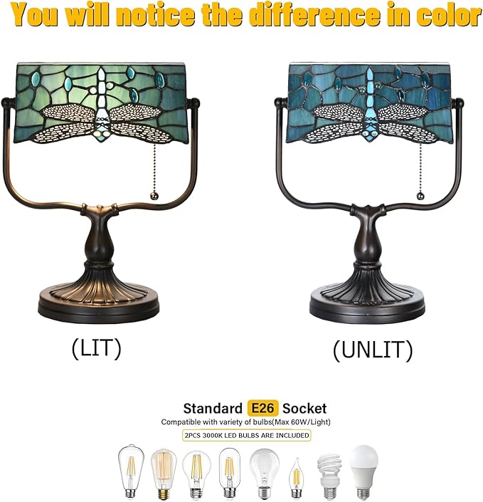 TL0030 Dragonfly Tiffany Banker Desk Lamp Stained Glass Green Shade with Vintage Bronze Base W10.25 X OH13 Inches, Art Nouveau Lamp for Home Office,LED Bulb Included (Dragonfly)
