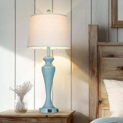 30" Blue Table Lamps Set of 2, Touch Control Coastal Living Room Lamp with USB A+C Ports and AC Outlet, 3-Way Bedside Lamps for Nightstand, Vintage Farmhouse Bedroom Lamp, 2 Bulbs Included