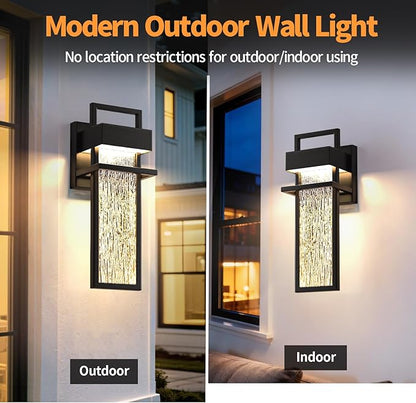 15'' Outdoor Wall Lights 2 Packs, 3000K Integrated LED Outdoor Sconce, Modern Exterior Lighting Fixtures with Rippled Glass, Waterproof Porch Light Outside Lights for House Garage Patio, Black