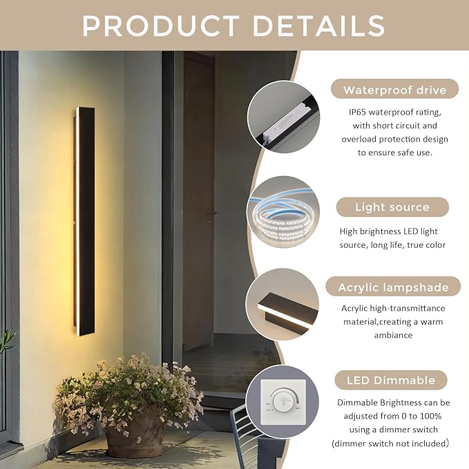 Modern Outdoor Wall Lights 39.4" LED 3000K Outdoor Wall Light for House Exterior Wall Garage Entrance Lighting Fixtures IP65 Waterproof Long Strip Wall Sconces for Doorway Patio Passage