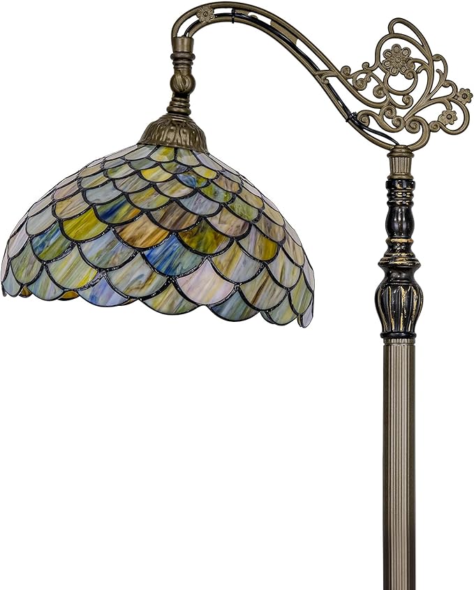 Tiffany Style Stained Glass Floor Lamp, Antique Bronze Base Standing Lamp with Green Fish Scales Shade & Gooseneck Adjustable Corner for Living Room, Bedroom, Home Office 12X18X64 Inches