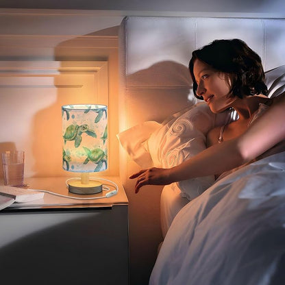 Bedside Lamp Sea Turtles Teal Table Lamp for Bedroom LED Nightstand Lamp Shade USB Ports Wood Base for Living Room Dorm Office