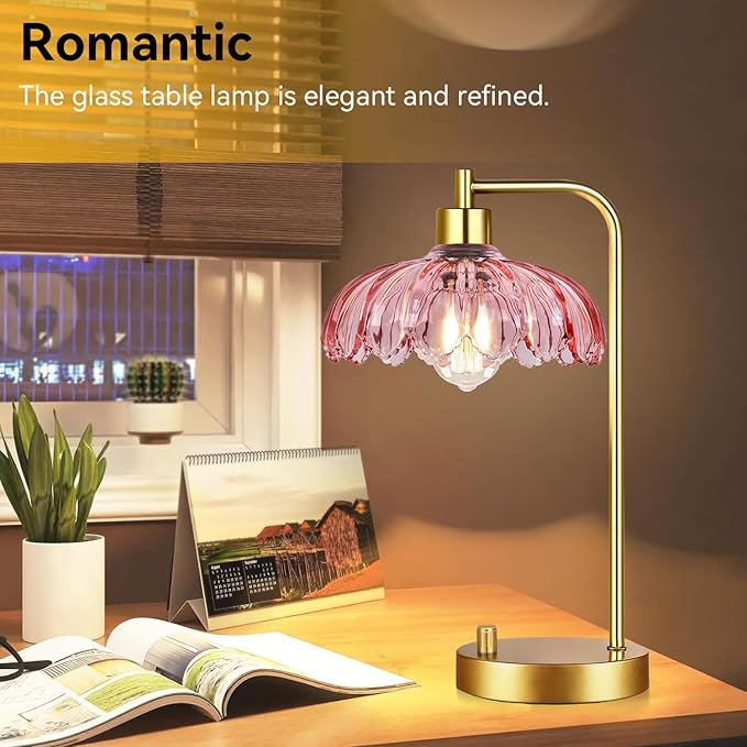Pink Table Lamp Set of 2,Small Gold Bedside Lamps Dimmable Boho Bedroom Lamp with Flower Glass Lamp Shade,Vintage Mid Century Modern Mini Nightstand Lamp for Girls Kids Bedroom Living Room