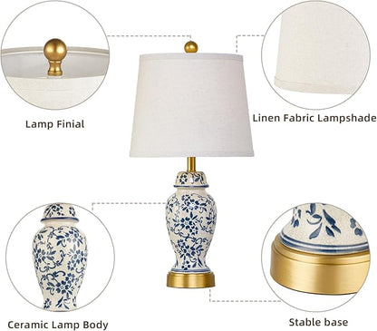 RORIANO Chinoiserie Ceramic Table Lamps Set of 2 for Living Room Bedroom Bedside, Traditional Blue Porcelain Classic Table Lamp for Nightstand Entryway, 2 LED Bulbs Included (Gold)