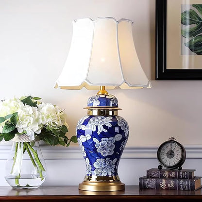 Vintage Blue Ceramic Table Lamp Blue and White Porcelain Table lamp with Metal Base 27.55" High Table Lamp with Fabric Shade for Bedroom Study Living Room Office
