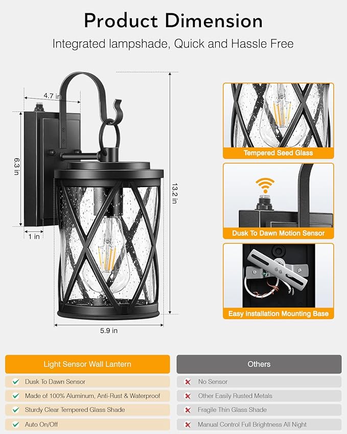VIANIS Porch Lights Outdoor, Black Outdoor Lights for House Dusk to Dawn, 2 Pack Exterior Lighting Fixtures, Waterproof Outdoor Light Fixture Lantern for House, Garage, Entryway, Anti-Rust, Aluminum