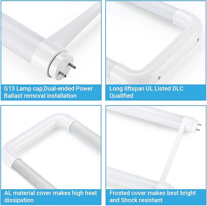 3500K Soft Warm Light,10 Pack LED U Shaped Tube Bulb,18W(40W Equivalent),2200LM Super Bright, Dual-End Powered, Ballast Removed,2FT U Bend LED Tube Light for Office, School