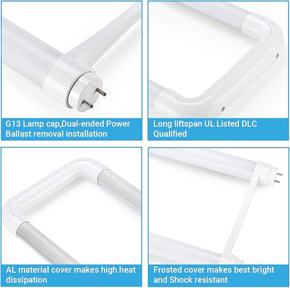3500K Soft Warm Light,10 Pack LED U Shaped Tube Bulb,18W(40W Equivalent),2200LM Super Bright, Dual-End Powered, Ballast Removed,2FT U Bend LED Tube Light for Office, School