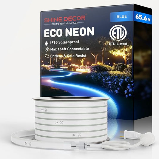 Shine Decor LED Rope Lights AC 120V, Connectable & Cuttable Dotless 120LEDs/M Eco Neon Strip Lighting, ETL IP65 Waterproof & Weather-Resistant for Home Commercial, 8x16mm, Blue, 65.6FT