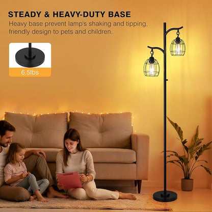 9MMML Floor Lamp for Living Room, Farmhouse Industrial Dimmable Floor Lamps with 2 Hanging Teardrop Cage, Vintage 67'' Tall Black Tree Standing Lamp for Bedroom Office, 2 x 800LM LED Bulbs Included