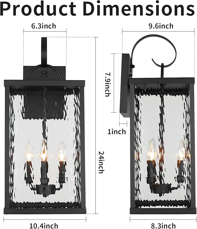 Large Outdoor Wall Light Fixture, 24" Modern Exterior Wall Lantern with Water Ripple Glass, Matte Black Waterproof Wall Sconce Porch Light for Patio, Garage, Front Door, Garden, Yard, Entryway