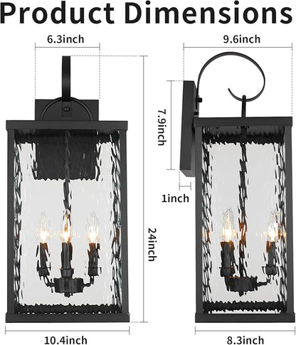 Large Outdoor Wall Light Fixture, 24" Modern Exterior Wall Lantern with Water Ripple Glass, Matte Black Waterproof Wall Sconce Porch Light for Patio, Garage, Front Door, Garden, Yard, Entryway
