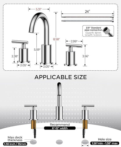 FORIOUS Chrome Bathroom Faucet 3 Hole, 8 Inch Widespread Bathroom Sink Faucet Polished Chrome 6 in with Metal Pop Up Drain and 24" Supply Line, 360 Degree Swivel Gooseneck for 3 Hole Vanity Sink RV