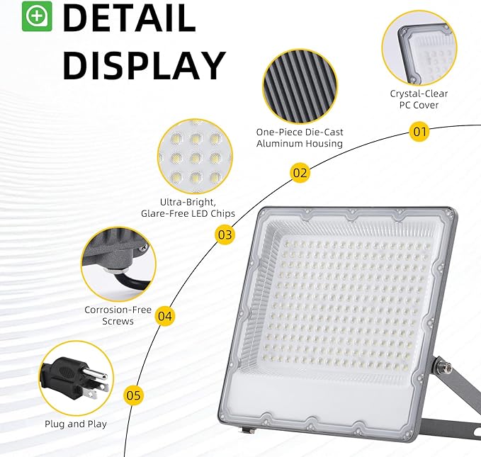 WeDo LED Flood Light 200W Equivalent – 150W Plug-in Outdoor Spotlight, 6500K Bright Daylight, IP65 Waterproof Security Light for Driveway, Building, Warehouse, Front Yard