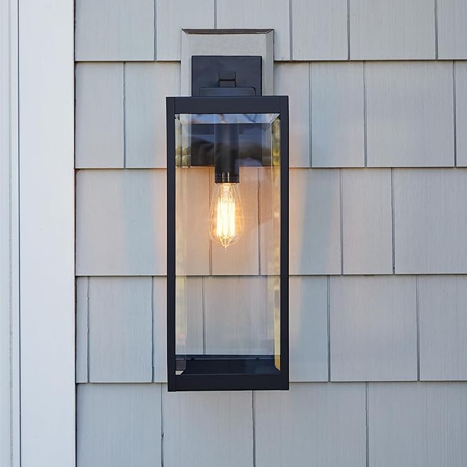 Quoizel Westover Modern Wall Sconce, 20 Inch Earth Black 1-Light Outdoor Light Fixture, Clear Beveled Glass Wall Lantern, 150 W, Industrial Design Wall Light for Porch, Patio, Gazebo or Yard
