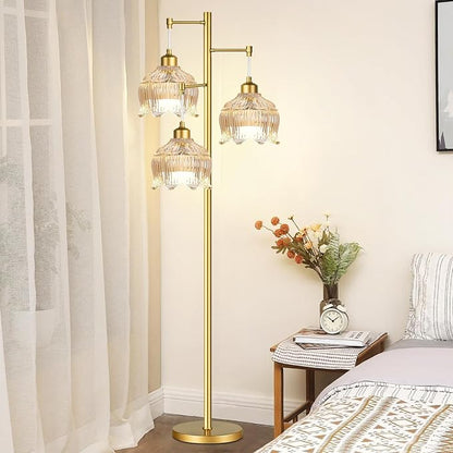 Gold Floor Lamp for Living Room,Bedroom,Mid Century Modern Standing Lamp Brass Tree 3 Light Tall Floor Lamps Vintage Retro Floor Lights Glass Amber Flower Lamp Shade Farmhouse Boho Bohemian