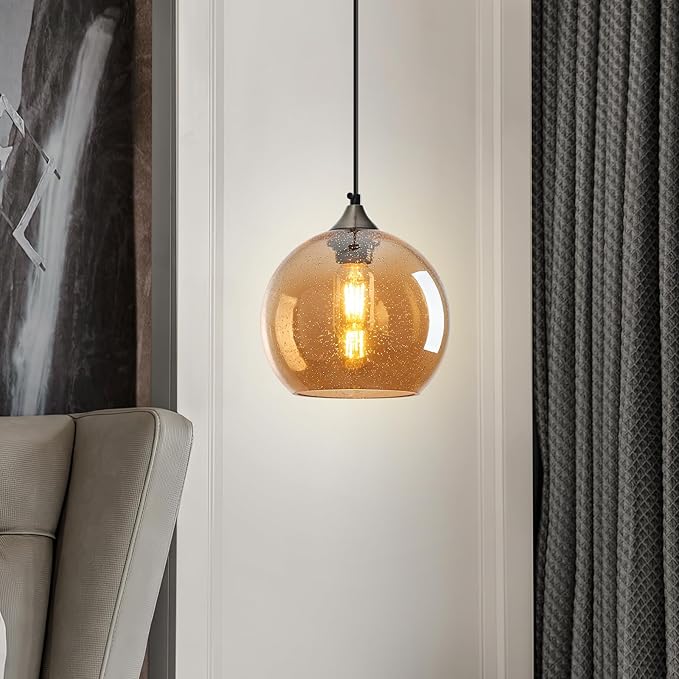 Amber Glass Pendant Lights Kitchen Island Lighting Globe Pendant Light Fixtures Modern Pendant Lighting for Bedroom Living Dining Room Light Fixture (7.87 in, 1 Pack)