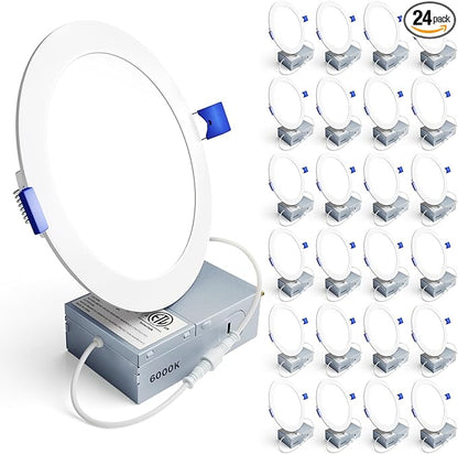Ensenior 24 Pack 6 Inch LED Recessed Ceiling Light, Dimmable, 6000K Clear White, 1050LM 12W 120V, High Brightness Canless Wafer Downlight - ETL&FCC&IC