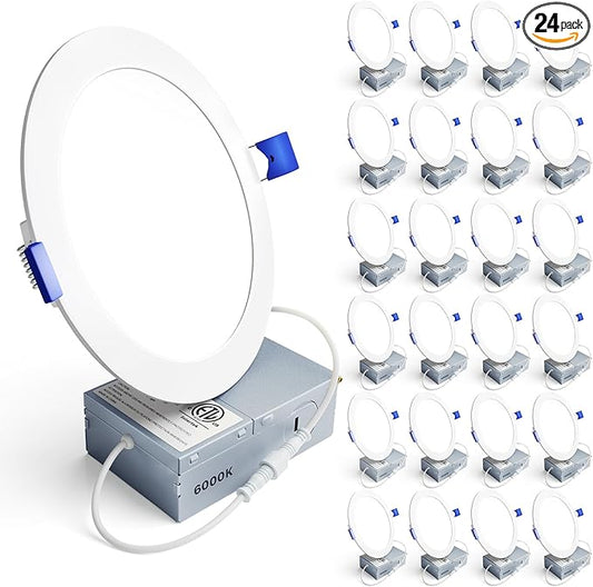 Ensenior 24 Pack 6 Inch LED Recessed Ceiling Light, Dimmable, 6000K Clear White, 1050LM 12W 120V, High Brightness Canless Wafer Downlight - ETL&FCC&IC